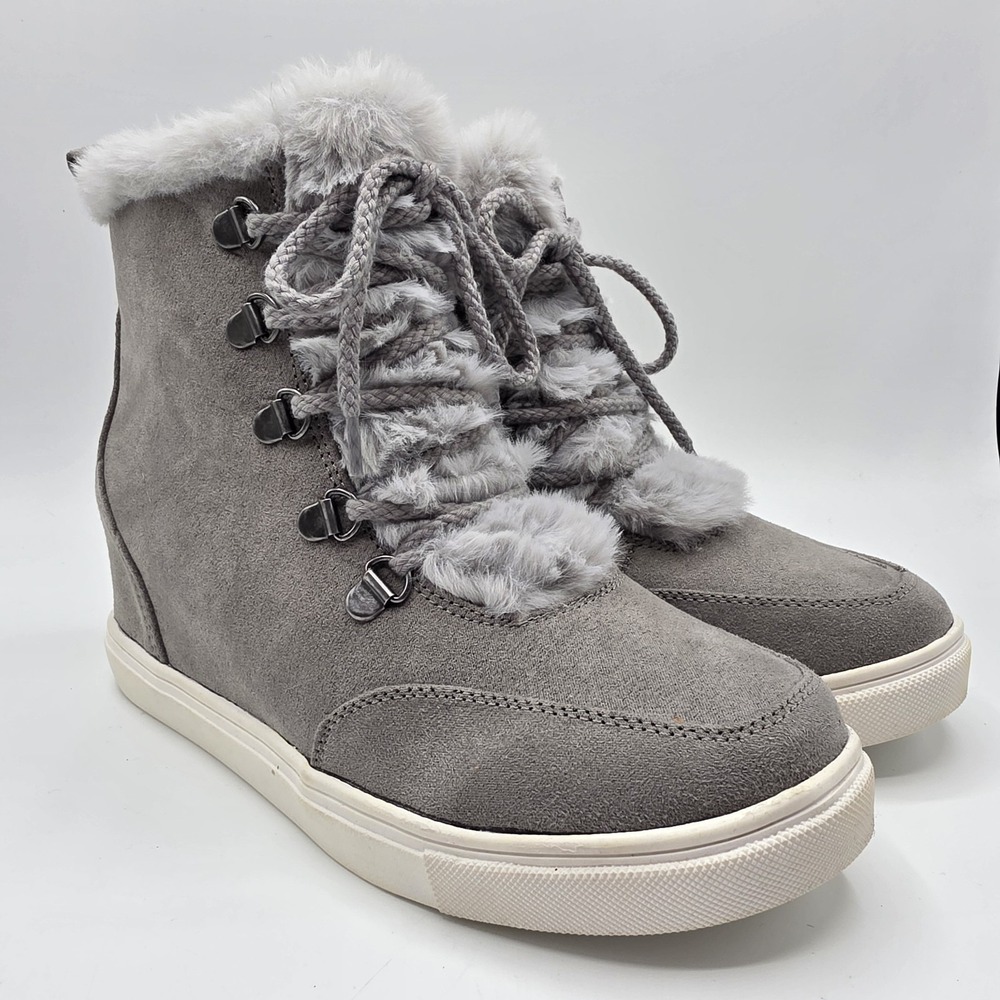 Madden Girl Womens 8 Gray Faux Fur Hidden Wedge Lift High Top Sneaker Boots Shoe